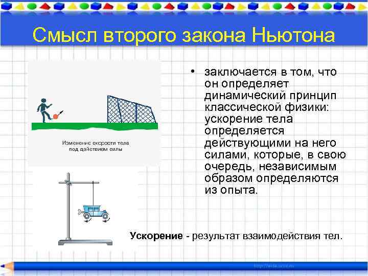 Смысл второго закона Ньютона • заключается в том, что он определяет динамический принцип классической