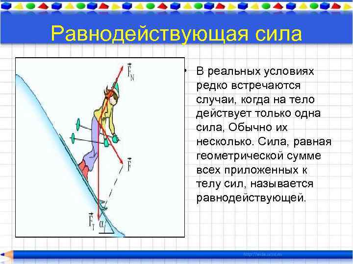 Равнодействующая сила • В реальных условиях редко встречаются случаи, когда на тело действует только