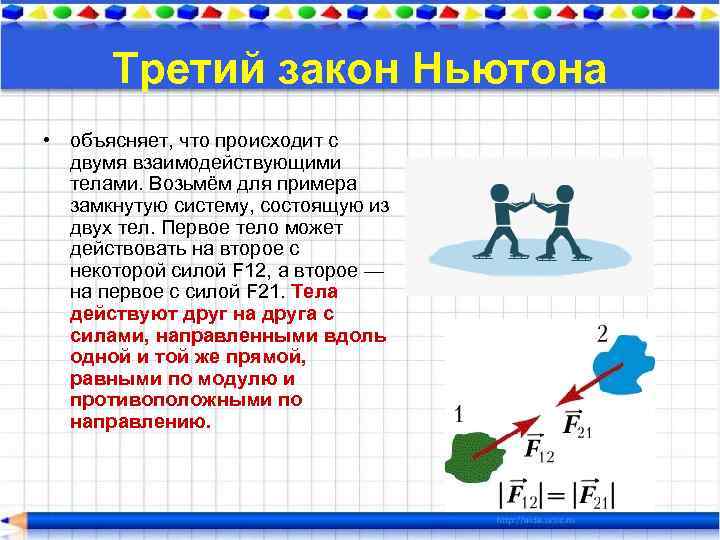 Третий закон Ньютона • объясняет, что происходит с двумя взаимодействующими телами. Возьмём для примера