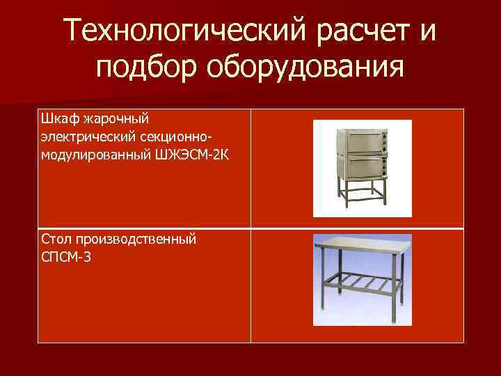 Технологический расчет и подбор оборудования Шкаф жарочный электрический секционномодулированный ШЖЭСМ-2 К Стол производственный СПСМ-3