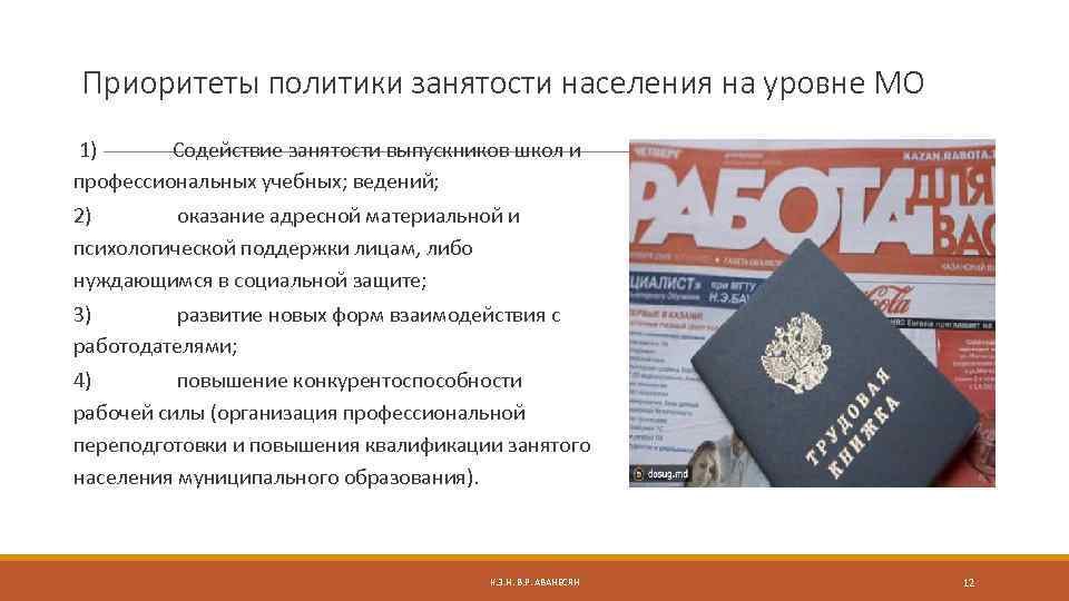 Приоритеты политики занятости населения на уровне МО 1) Содействие занятости выпускников школ и профессиональных