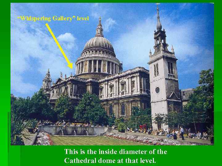 “Whispering Gallery” level This is the inside diameter of the Cathedral dome at that