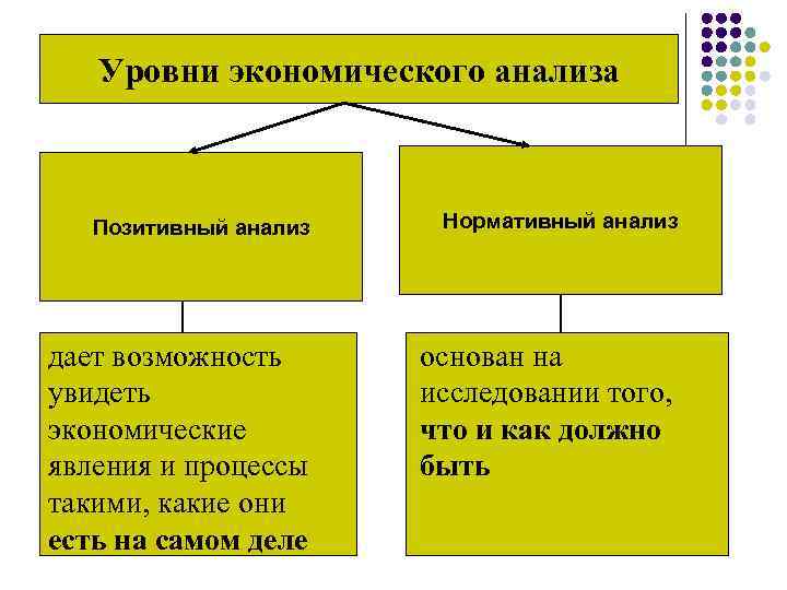 Уровни экономического анализа Позитивный анализ Нормативный анализ дает возможность увидеть экономические явления и процессы