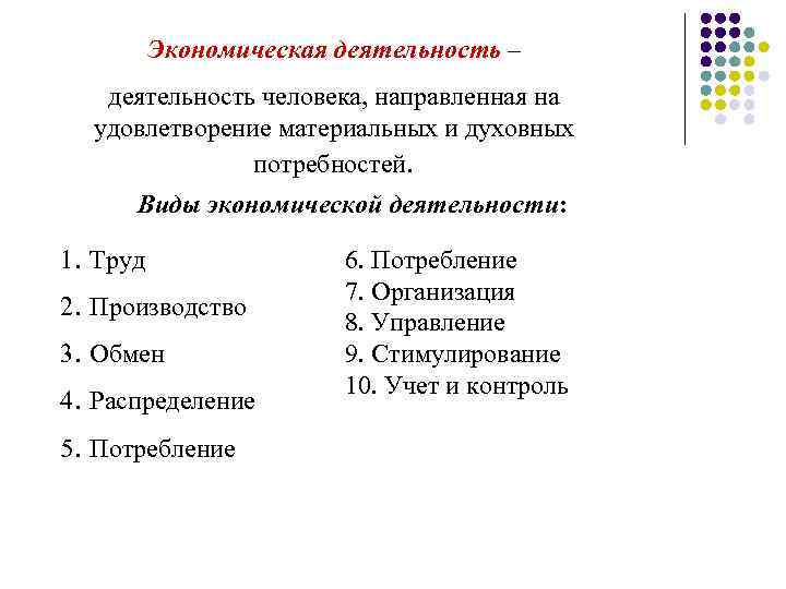 Экономическая деятельность – деятельность человека, направленная на удовлетворение материальных и духовных потребностей. Виды экономической