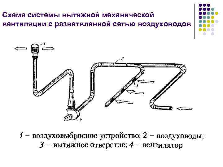 Схема системы вытяжной механической вентиляции с разветвленной сетью воздуховодов 