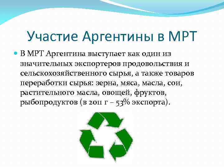 Участие Аргентины в МРТ В МРТ Аргентина выступает как один из значительных экспортеров продовольствия