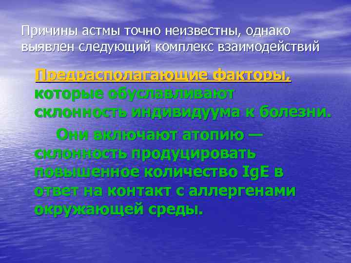 Причины астмы точно неизвестны, однако выявлен следующий комплекс взаимодействий Предрасполагающие факторы, которые обуславливают склонность