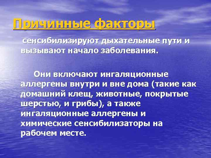 Причинные факторы сенсибилизируют дыхательные пути и вызывают начало заболевания. Они включают ингаляционные аллергены внутри