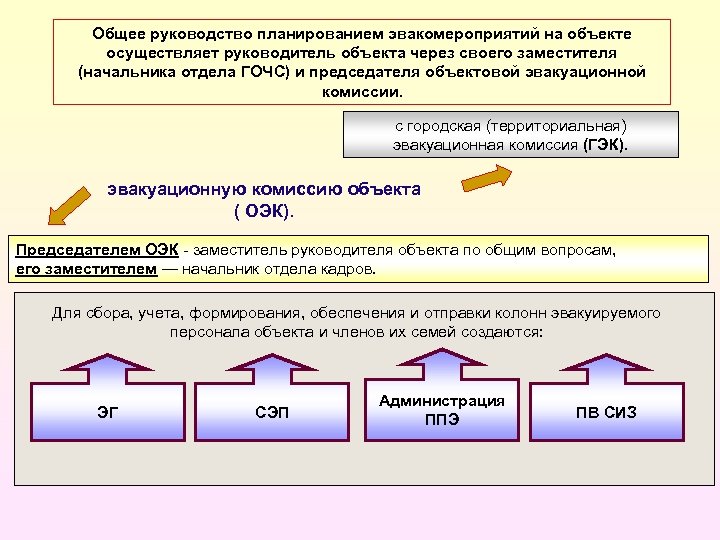 Общее руководство планированием эвакомероприятий на объекте осуществляет руководитель объекта через своего заместителя (начальника отдела