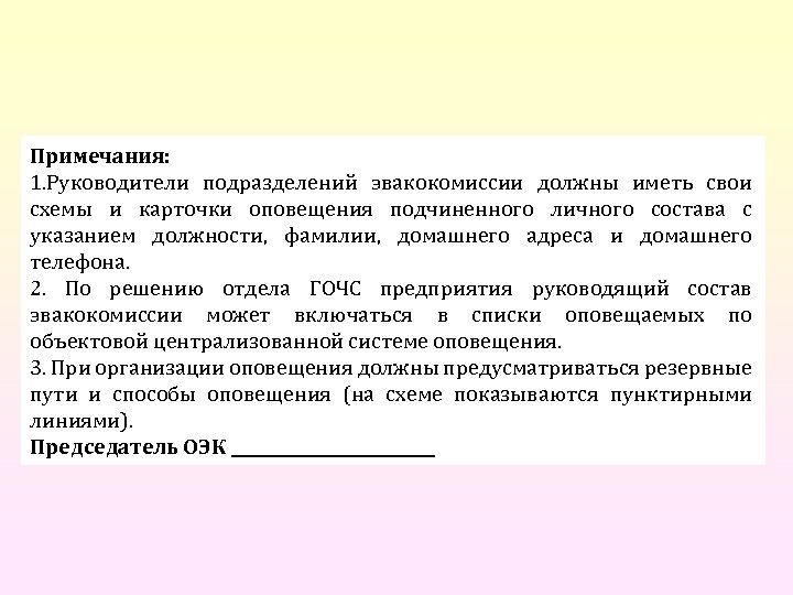 Примечания: 1. Руководители подразделений эвакокомиссии должны иметь свои схемы и карточки оповещения подчиненного личного