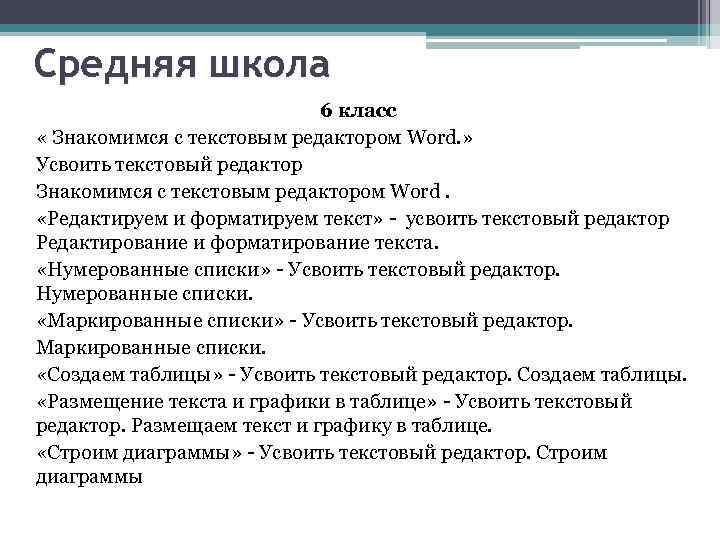 Средняя школа 6 класс « Знакомимся с текстовым редактором Word. » Усвоить текстовый редактор