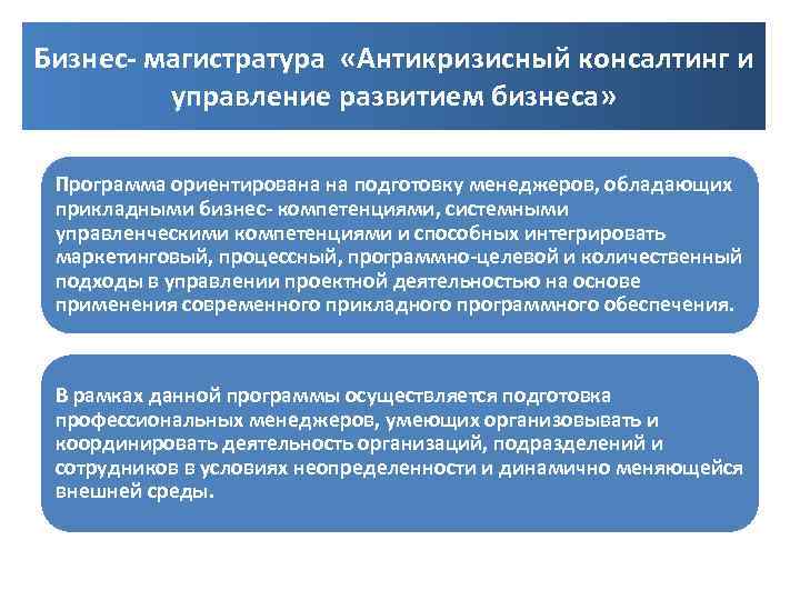 Бизнес- магистратура «Антикризисный консалтинг и управление развитием бизнеса» Программа ориентирована на подготовку менеджеров, обладающих