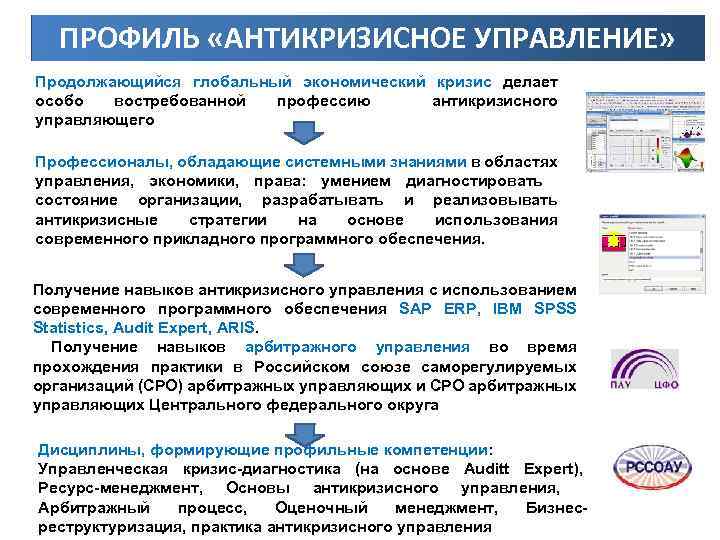 ПРОФИЛЬ «АНТИКРИЗИСНОЕ УПРАВЛЕНИЕ» Продолжающийся глобальный экономический кризис делает особо востребованной профессию антикризисного управляющего Профессионалы,