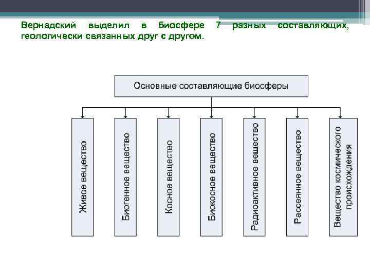 Вернадский выделил в биосфере 7 разных составляющих, геологически связанных друг с другом. 