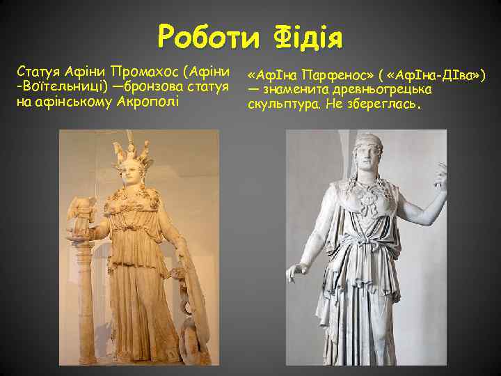 Роботи Фідія Статуя Афіни Промахос (Афіни -Воїтельниці) —бронзова статуя на афінському Акрополі «АфІна Парфенос»