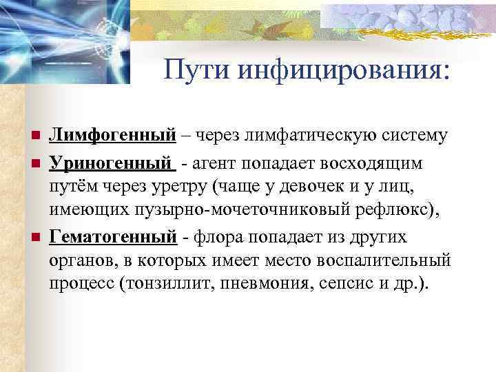 Пути инфицирования: n n n Лимфогенный – через лимфатическую систему Уриногенный - агент попадает
