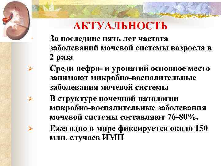 АКТУАЛЬНОСТЬ Ø Ø За последние пять лет частота заболеваний мочевой системы возросла в 2