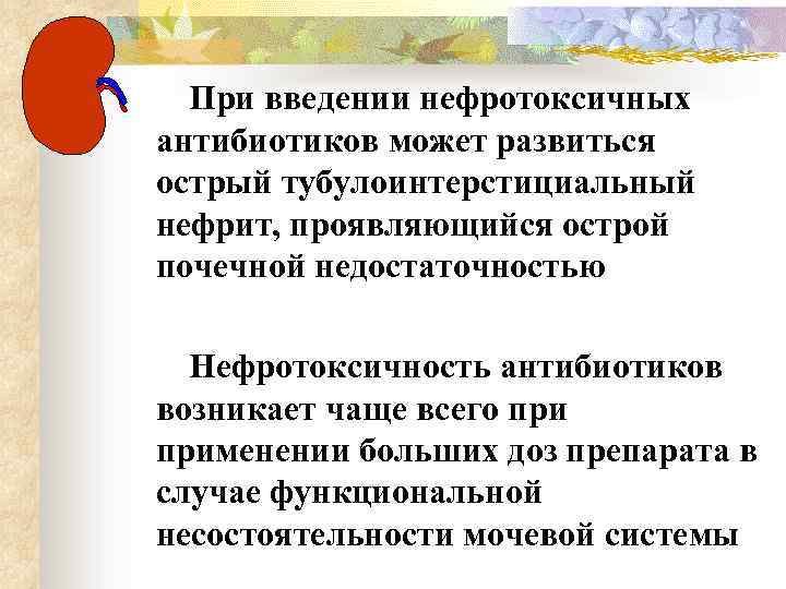 При введении нефротоксичных антибиотиков может развиться острый тубулоинтерстициальный нефрит, проявляющийся острой почечной недостаточностью Нефротоксичность