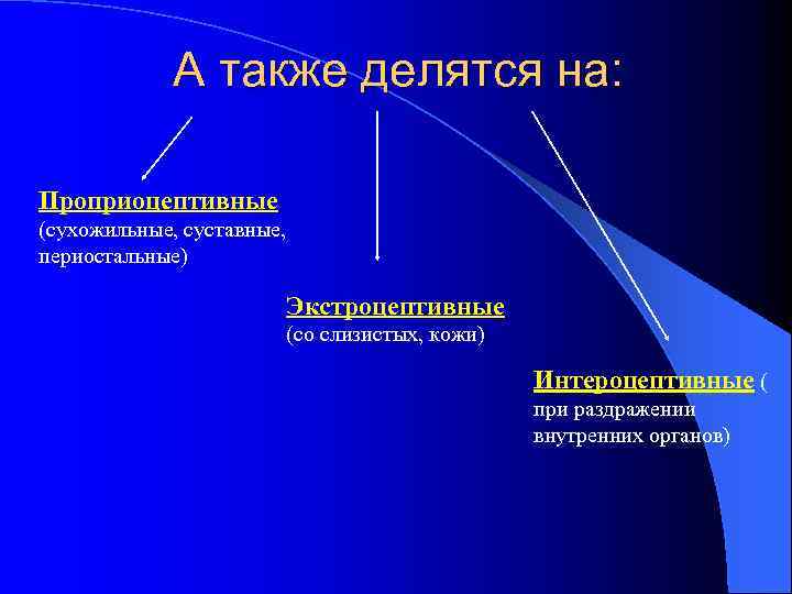 А также делятся на: Проприоцептивные (сухожильные, суставные, периостальные) Экстроцептивные (со слизистых, кожи) Интероцептивные (