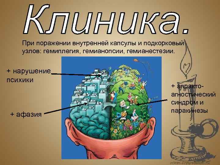 При поражении внутренней капсулы и подкорковый узлов: гемиплегия, гемианопсии, гемианестезии. + нарушение психики +