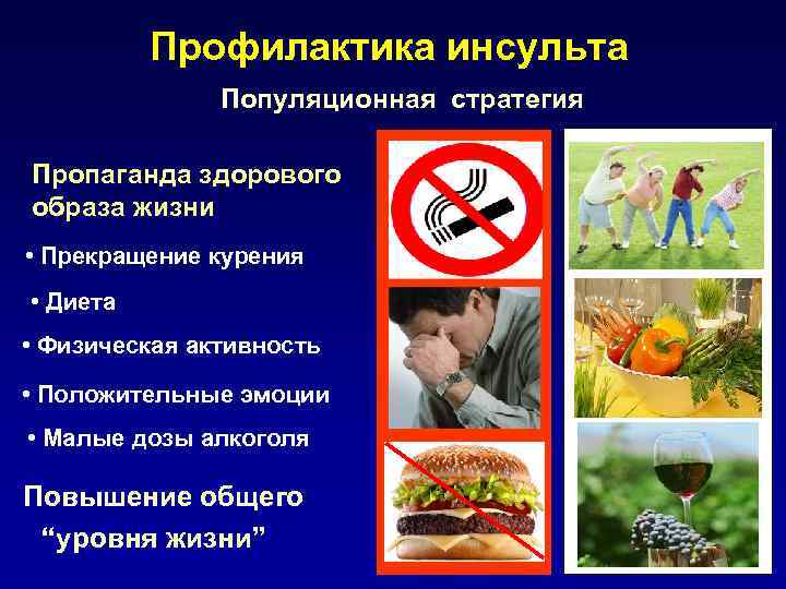 Профилактика инсульта Популяционная стратегия Пропаганда здорового образа жизни • Прекращение курения • Диета •