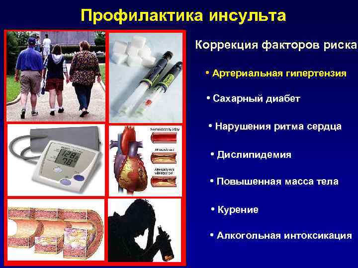 Профилактика инсульта Коррекция факторов риска • Артериальная гипертензия • Сахарный диабет • Нарушения ритма