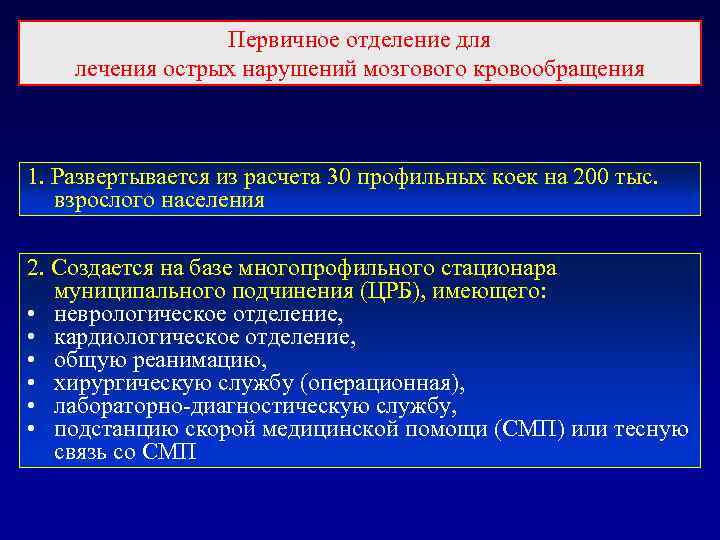 Первичное отделение для лечения острых нарушений мозгового кровообращения 1. Развертывается из расчета 30 профильных