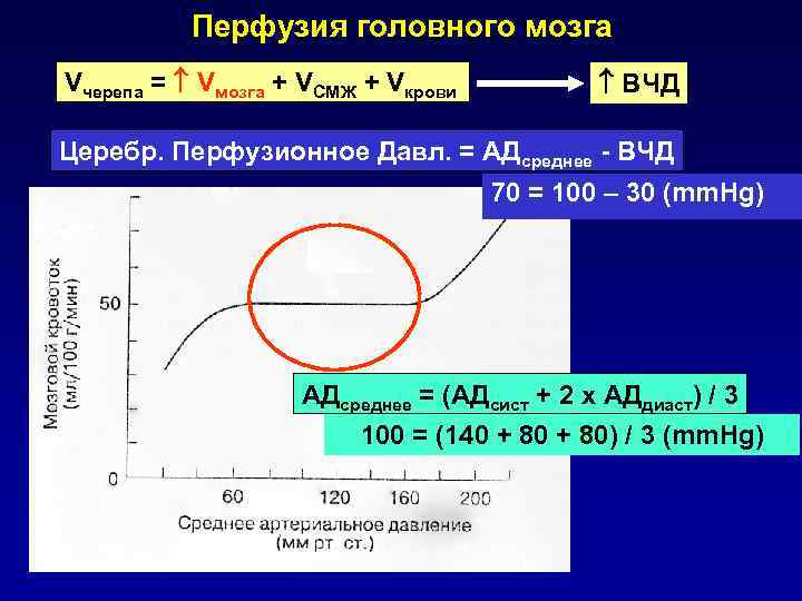 Перфузия головного мозга Vчерепа = Vмозга + VСМЖ + Vкрови ВЧД Церебр. Перфузионное Давл.