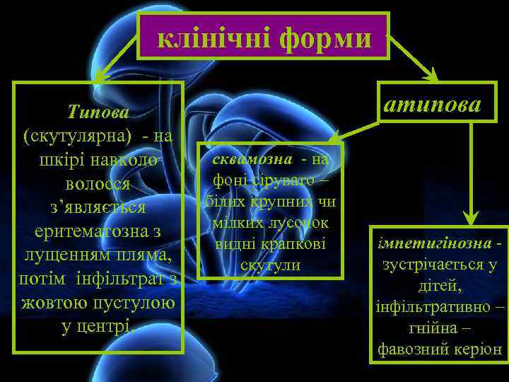 клінічні форми Типова (скутулярна) - на шкірі навколо волосся з’являється еритематозна з лущенням пляма,