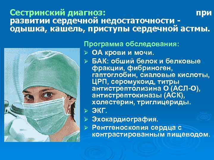 Сестринский диагноз: при развитии сердечной недостаточности одышка, кашель, приступы сердечной астмы. Программа обследования: Ø