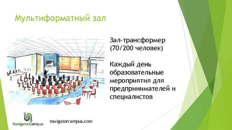 Мультиформатный зал Зал-трансформер (70/200 человек) Каждый день образовательные мероприятия для предпринимателей и специалистов navigatorcampus.