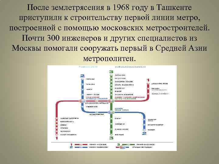 После землетрясения в 1968 году в Ташкенте приступили к строительству первой линии метро, построенной