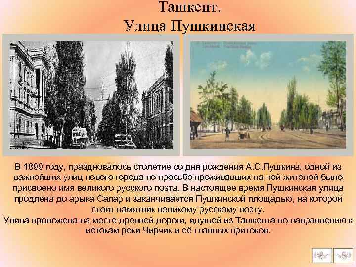 Ташкент. Улица Пушкинская В 1899 году, праздновалось столетие со дня рождения А. С. Пушкина,
