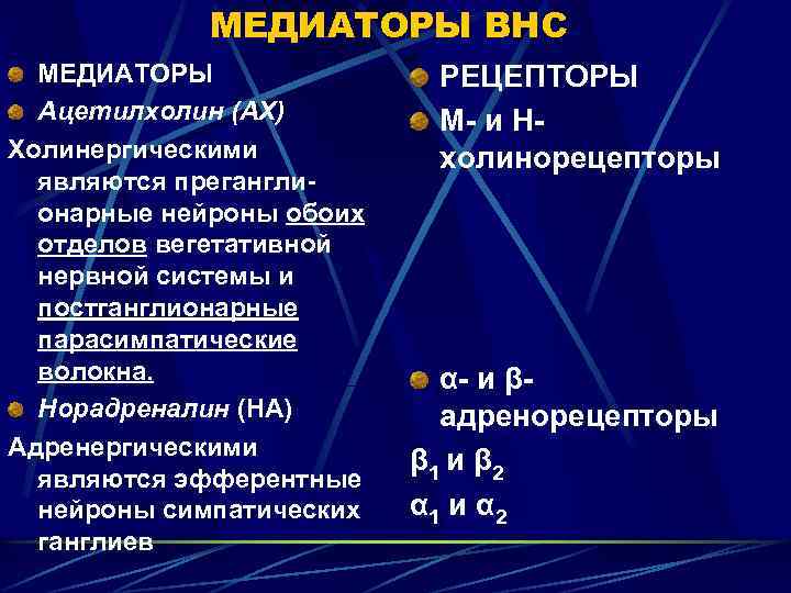 МЕДИАТОРЫ ВНС МЕДИАТОРЫ Ацетилхолин (АХ) Холинергическими являются прегангли онарные нейроны обоих отделов вегетативной нервной