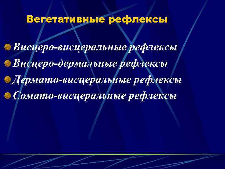 Вегетативные рефлексы Висцеро-висцеральные рефлексы Висцеро-дермальные рефлексы Дермато-висцеральные рефлексы Сомато-висцеральные рефлексы 