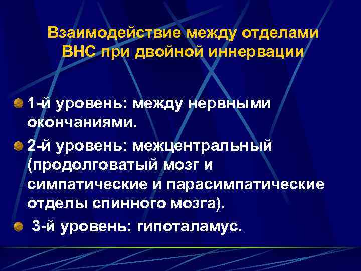 Взаимодействие между отделами ВНС при двойной иннервации 1 й уровень: между нервными окончаниями. 2