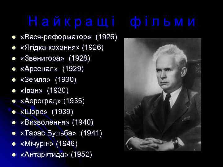 Найкращі l l l «Вася-реформатор» (1926) «Ягідка-кохання» (1926) «Звенигора» (1928) «Арсенал» (1929) «Земля» (1930)