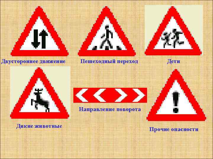Двустороннее движение Пешеходный переход Дети Направление поворота Дикие животные Прочие опасности 
