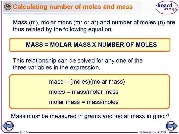 Calculating number of moles and mass Mass (m), molar mass (mr or ar) and