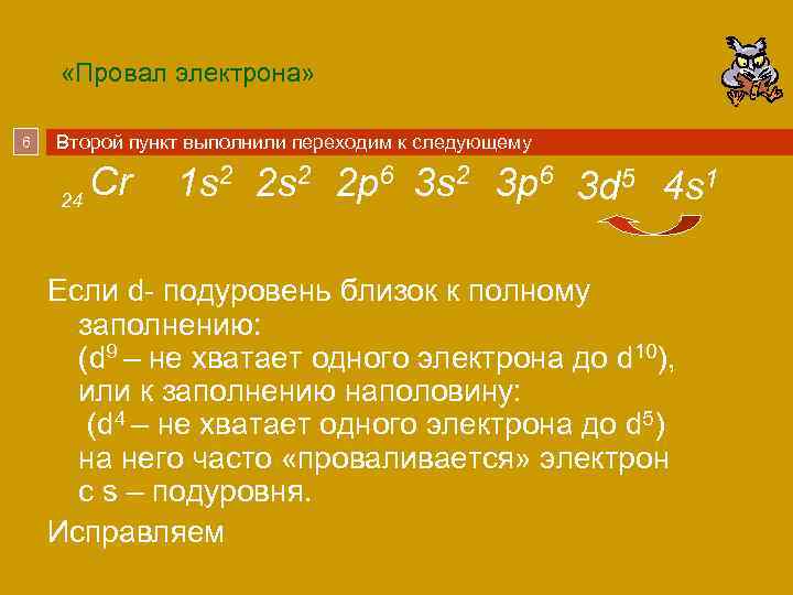  «Провал электрона» 6 Второй пункт выполнили переходим к следующему Cr 24 5 1
