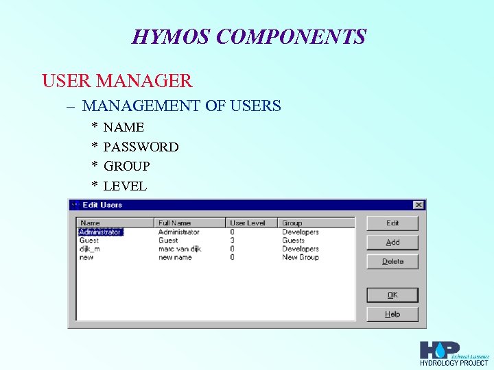 HYMOS COMPONENTS USER MANAGER – MANAGEMENT OF USERS * * NAME PASSWORD GROUP LEVEL