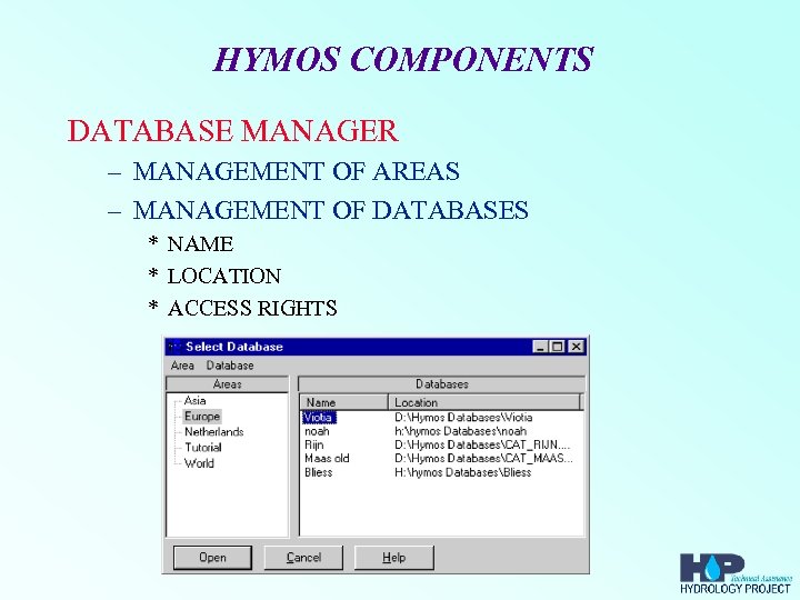 HYMOS COMPONENTS DATABASE MANAGER – MANAGEMENT OF AREAS – MANAGEMENT OF DATABASES * NAME