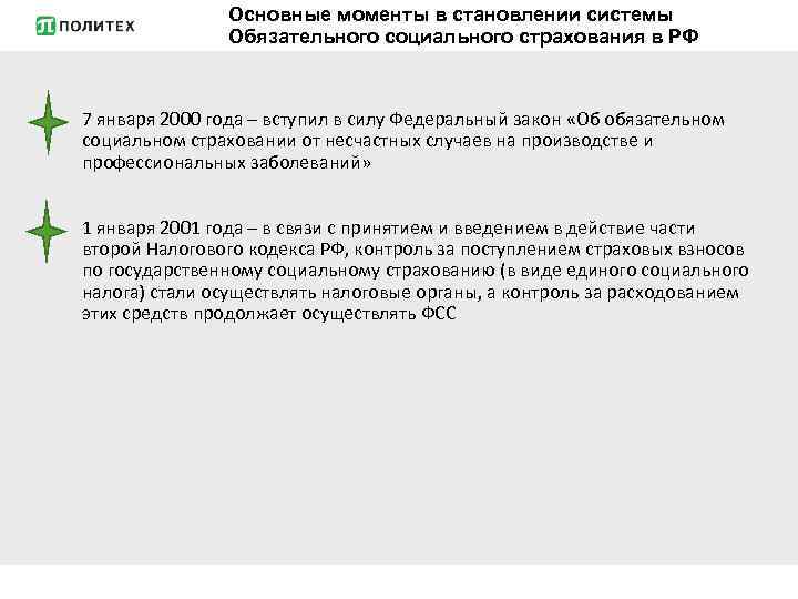 Основные моменты в становлении системы Обязательного социального страхования в РФ 7 января 2000 года