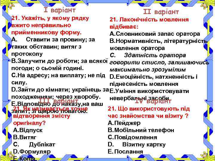 І варіант ІІ варіант 21. Укажіть, у якому рядку 21. Лаконічність мовлення вжито неправильно
