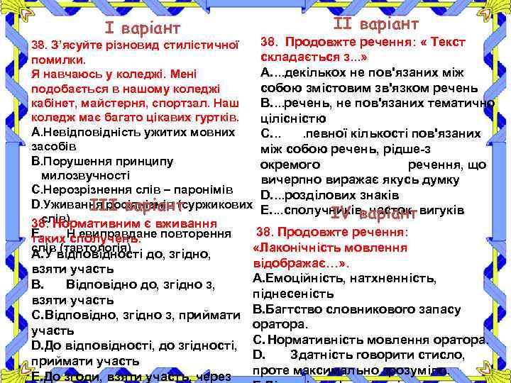 І варіант ІІ варіант 38. З’ясуйте різновид стилістичної 38. Продовжте речення: « Текст складається