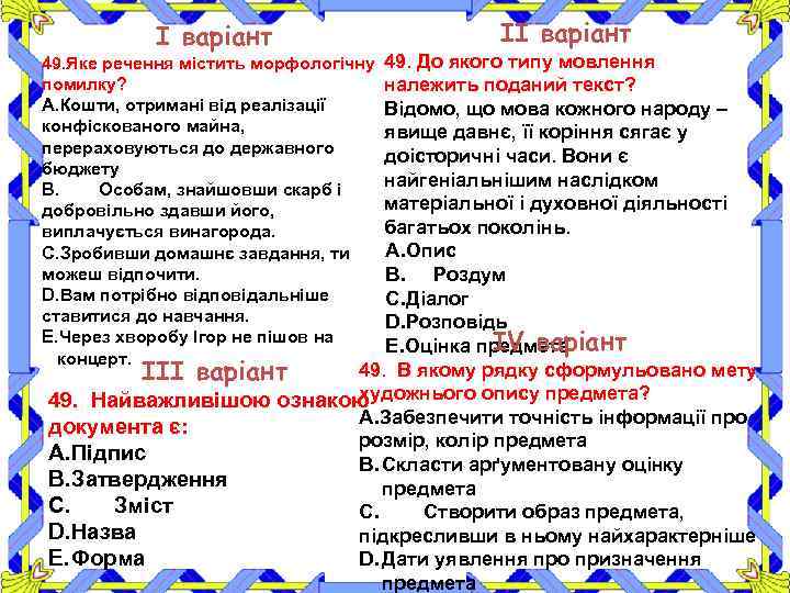 І варіант ІІ варіант 49. Яке речення містить морфологічну 49. До якого типу мовлення