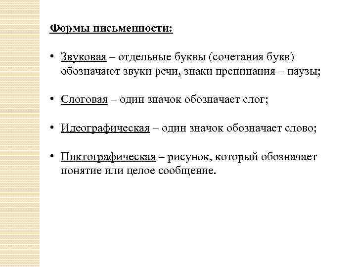 Формы письменности: • Звуковая – отдельные буквы (сочетания букв) обозначают звуки речи, знаки препинания