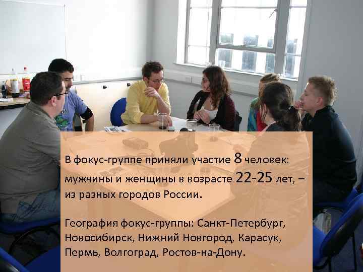 В фокус-группе приняли участие 8 человек: мужчины и женщины в возрасте 22 -25 лет,