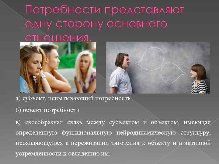 Потребности представляют одну сторону основного отношения. а) субъект, испытывающий потребность б) объект потребности в)