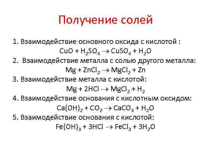 Получение солей 1. Взаимодействие основного оксида с кислотой : Cu. O + H 2